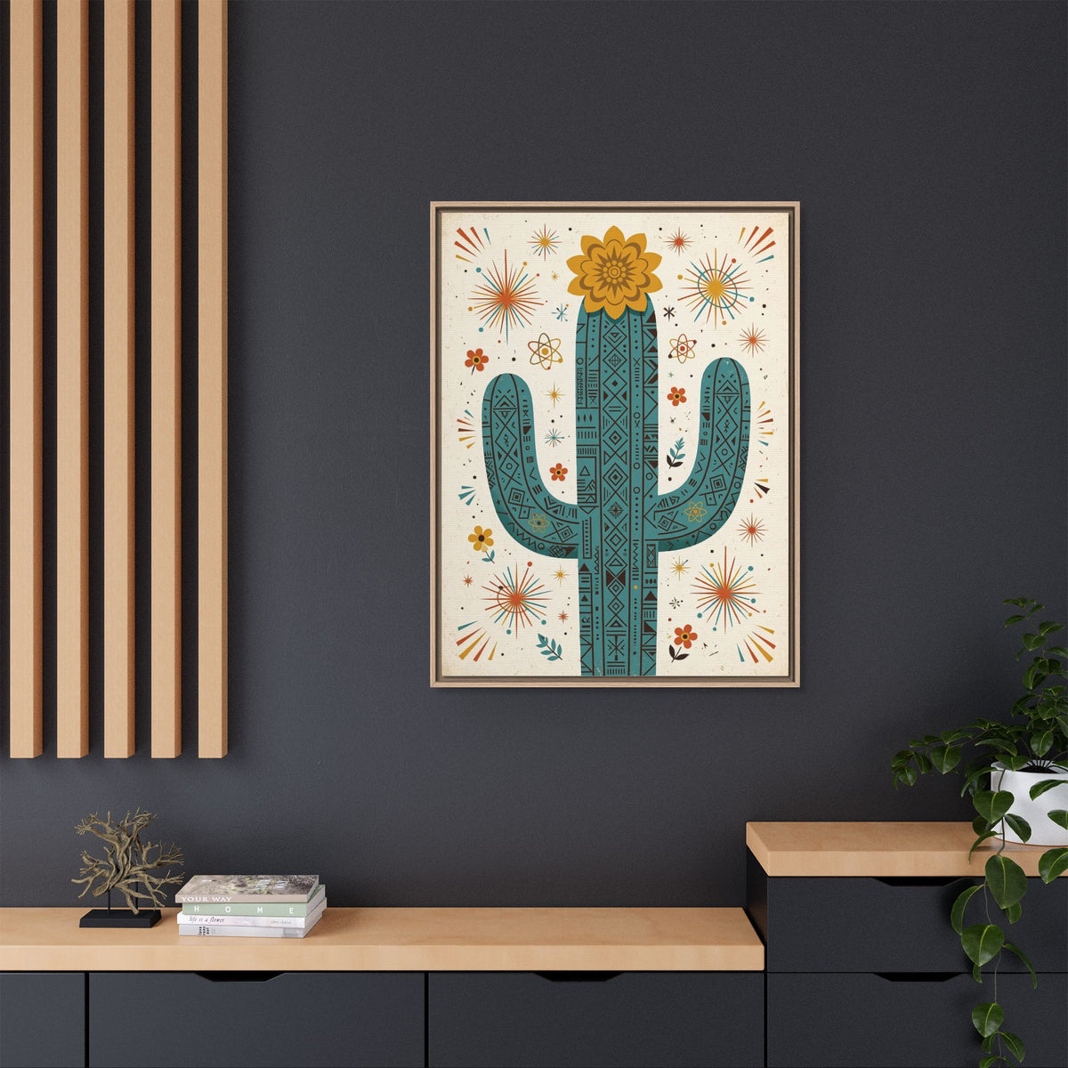 Mid Century Modern Cactus Framed Canvas Wall Art, Retro Saguaro Print, 1950s Desert Decor