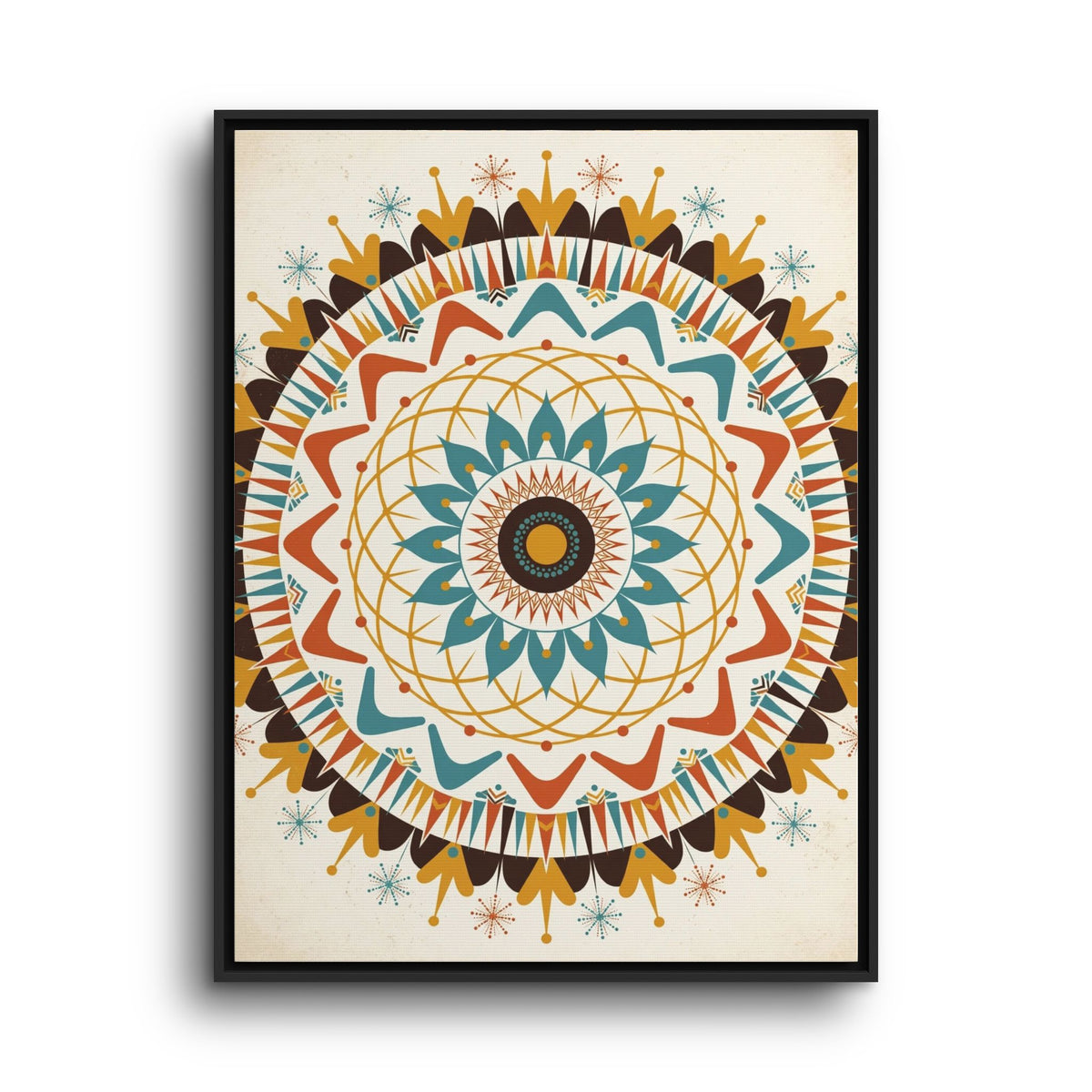 Mid Century Modern Mandala Framed Canvas Wall Art, Atomic Medallion Print, Retro Geometric Decor