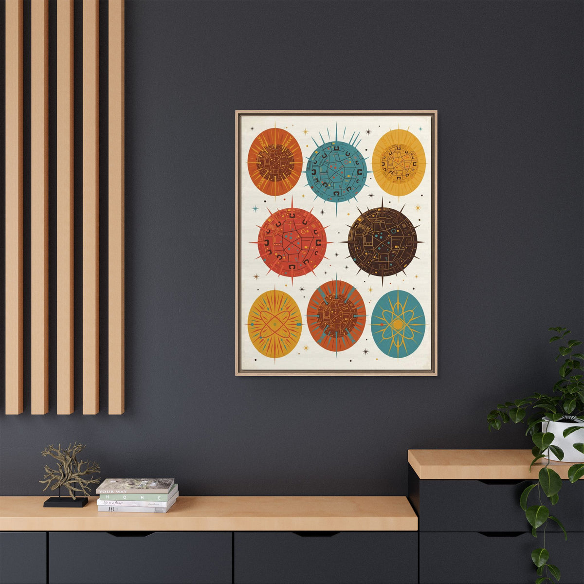 Mid Century Modern Starburst Medallions Framed Canvas Wall Art, Retro Pattern Print, 1950s Decor