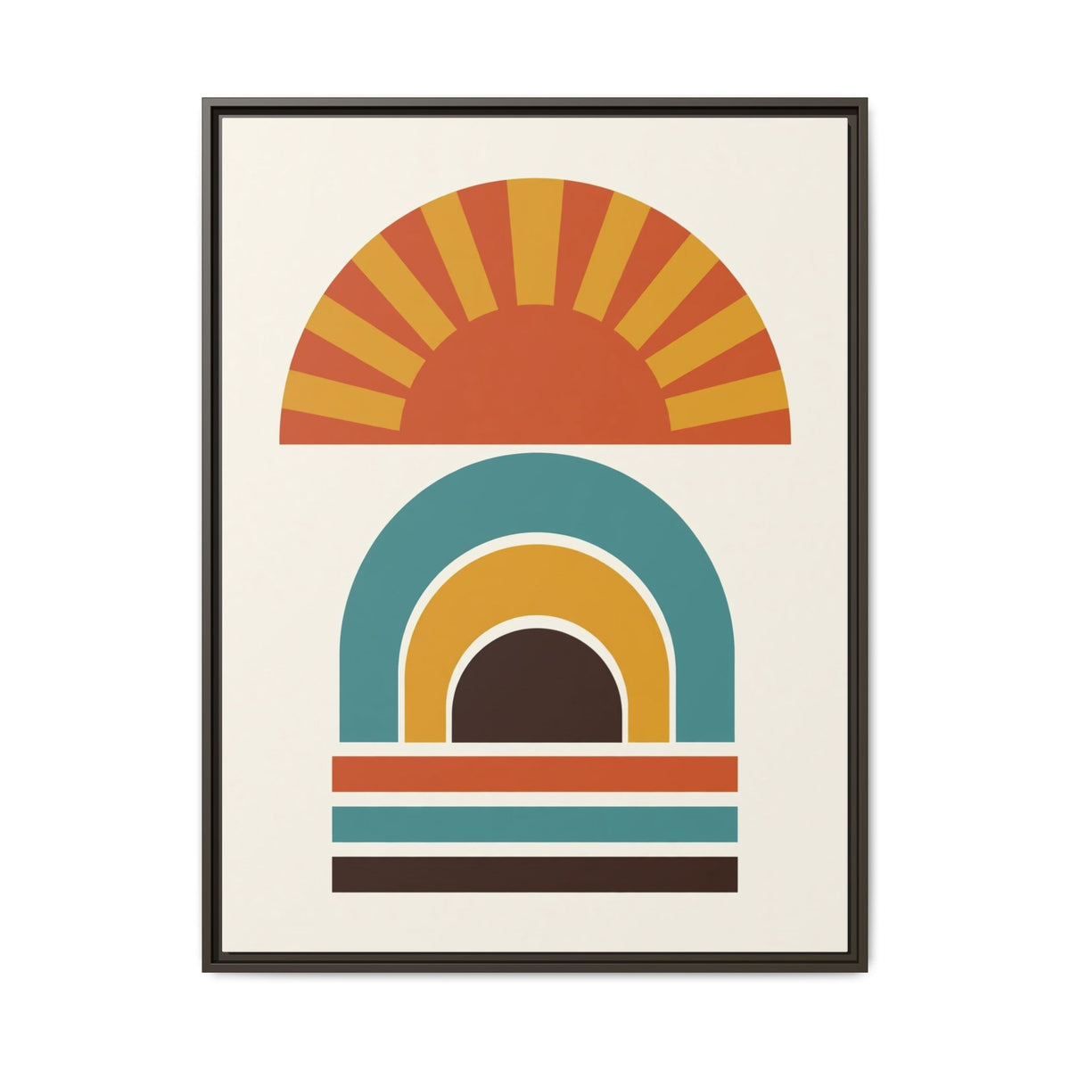 Mid Century Modern Geometric Sun Framed Canvas Wall Art, Retro Arch Print, Burnt Orange Teal Bedroom Decor