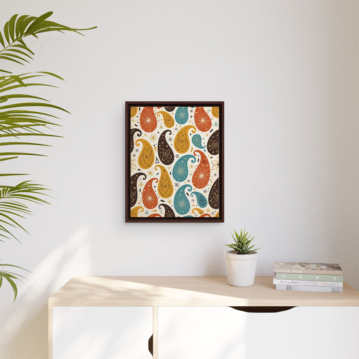 Mid Century Modern Paisley Framed Canvas Wall Art, Atomic Paisley Print, Retro 1950s Pattern Decor