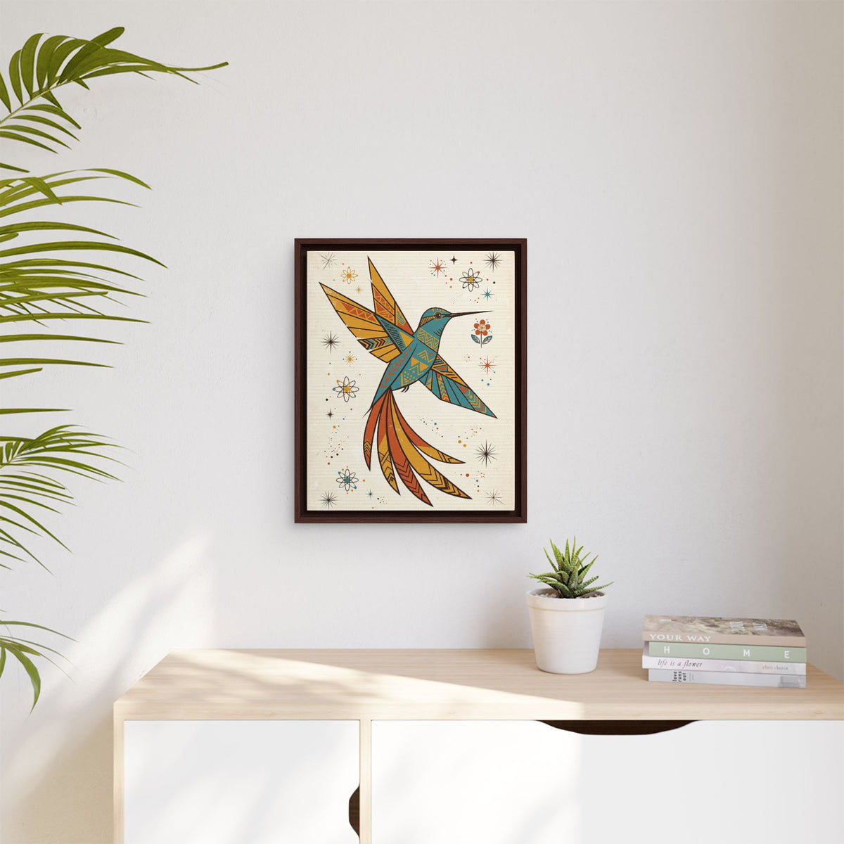 Mid Century Modern Hummingbird Framed Canvas Wall Art, Retro Bird Print, 1950s Nature Decor