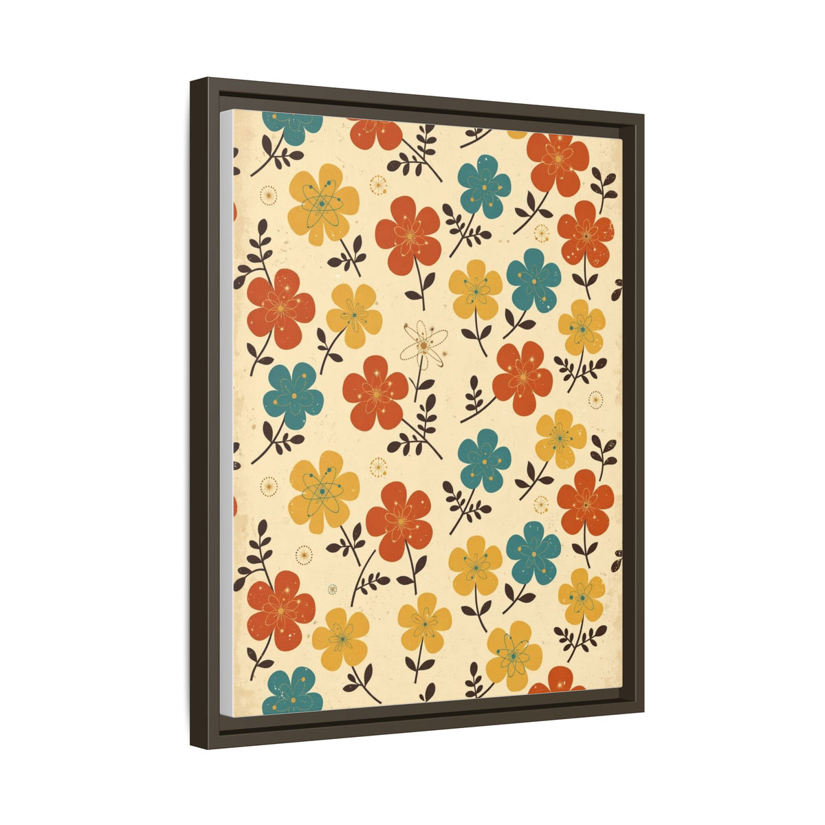 Mid Century Modern Floral Framed Canvas Wall Art, Retro Flower Pattern Print, 1950s Orange Teal Decor