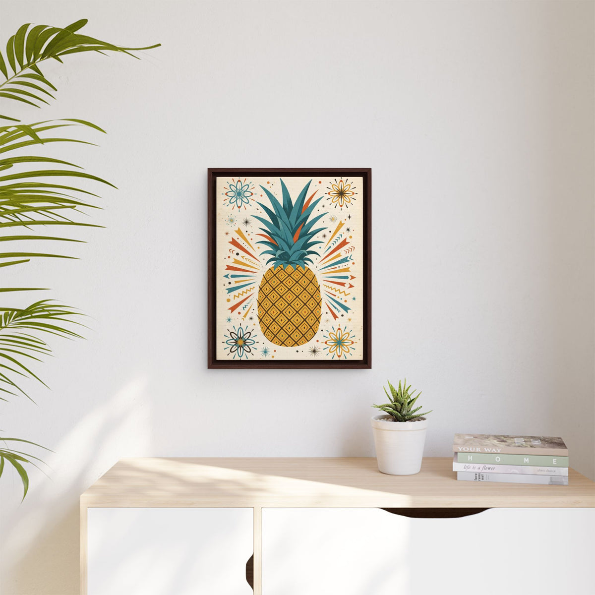 Mid Century Modern Pineapple Framed Canvas Wall Art, Retro Pineapple Print, 1950s Kitchen Decor