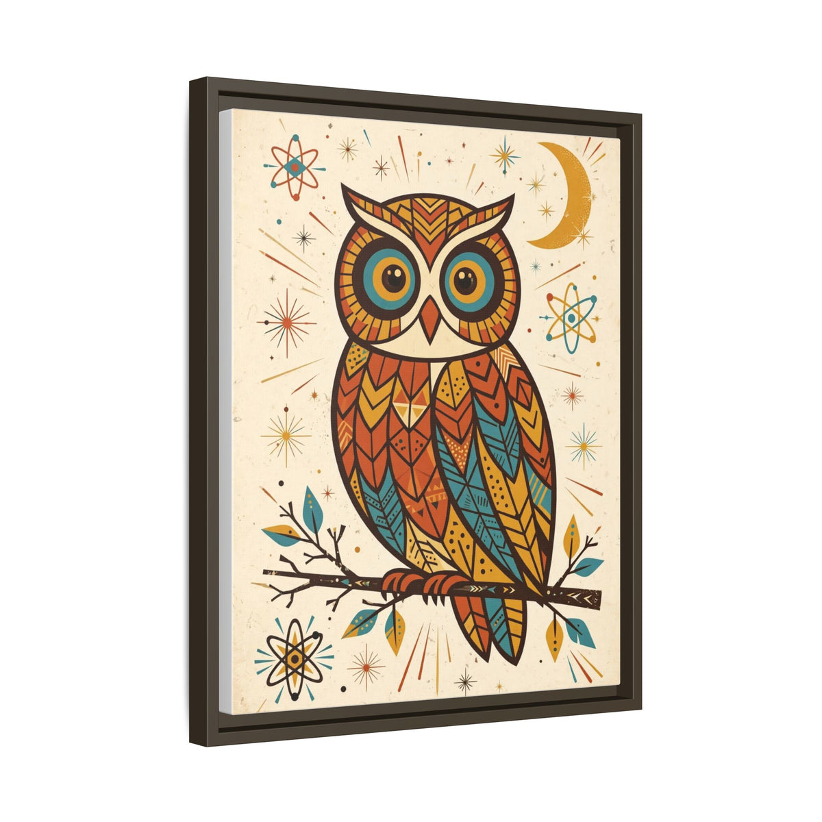 Mid Century Modern Owl Framed Canvas Wall Art, Retro Bird Print, 1950s Teal Orange Kids Room Decor