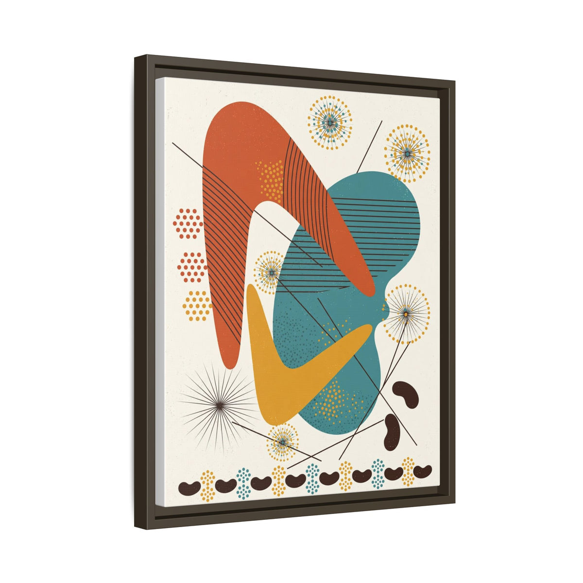Mid Century Modern Boomerang Framed Canvas Wall Art, Abstract Retro Print, 1950s Teal Burnt Orange Decor