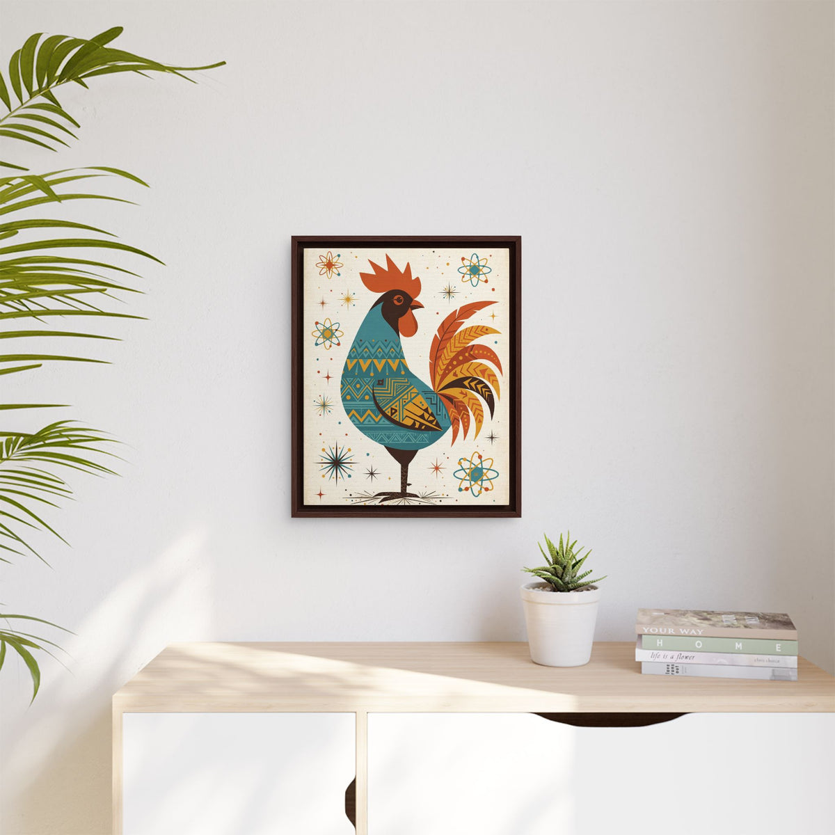 Mid Century Modern Rooster Framed Canvas Wall Art, Retro Rooster Print, 1950s Kitchen Farmhouse Decor