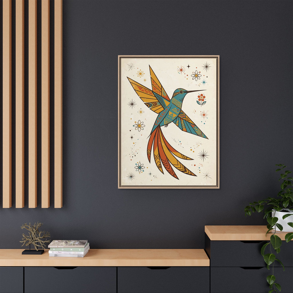 Mid Century Modern Hummingbird Framed Canvas Wall Art, Retro Bird Print, 1950s Nature Decor