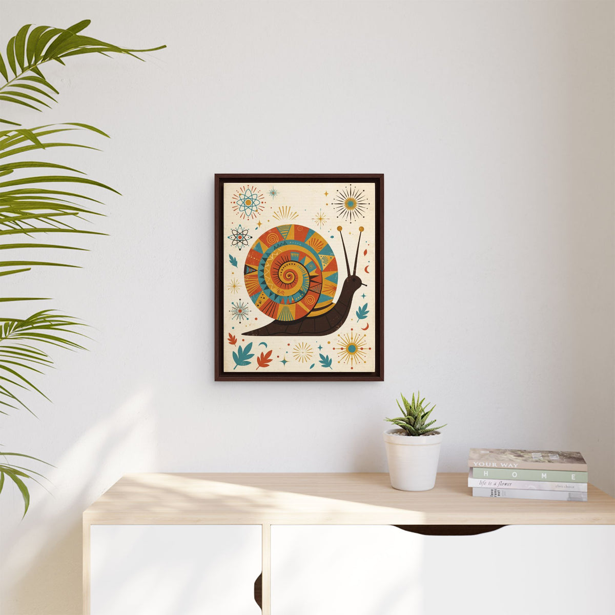 Mid Century Modern Snail Framed Canvas Wall Art, Retro Snail Print, 1950s Garden Decor