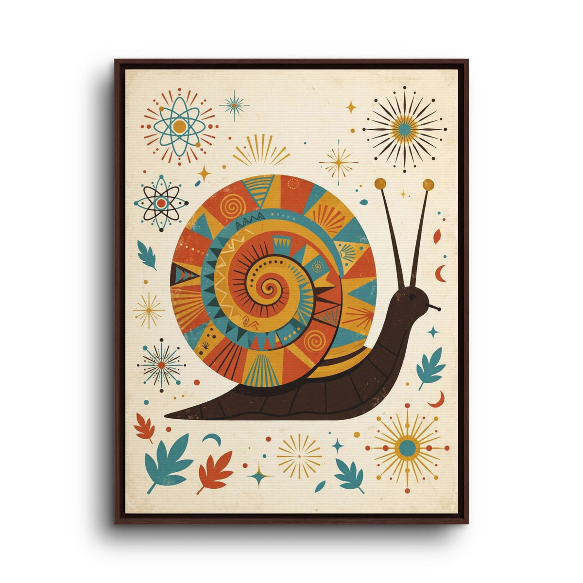 Mid Century Modern Snail Framed Canvas Wall Art, Retro Snail Print, 1950s Garden Decor