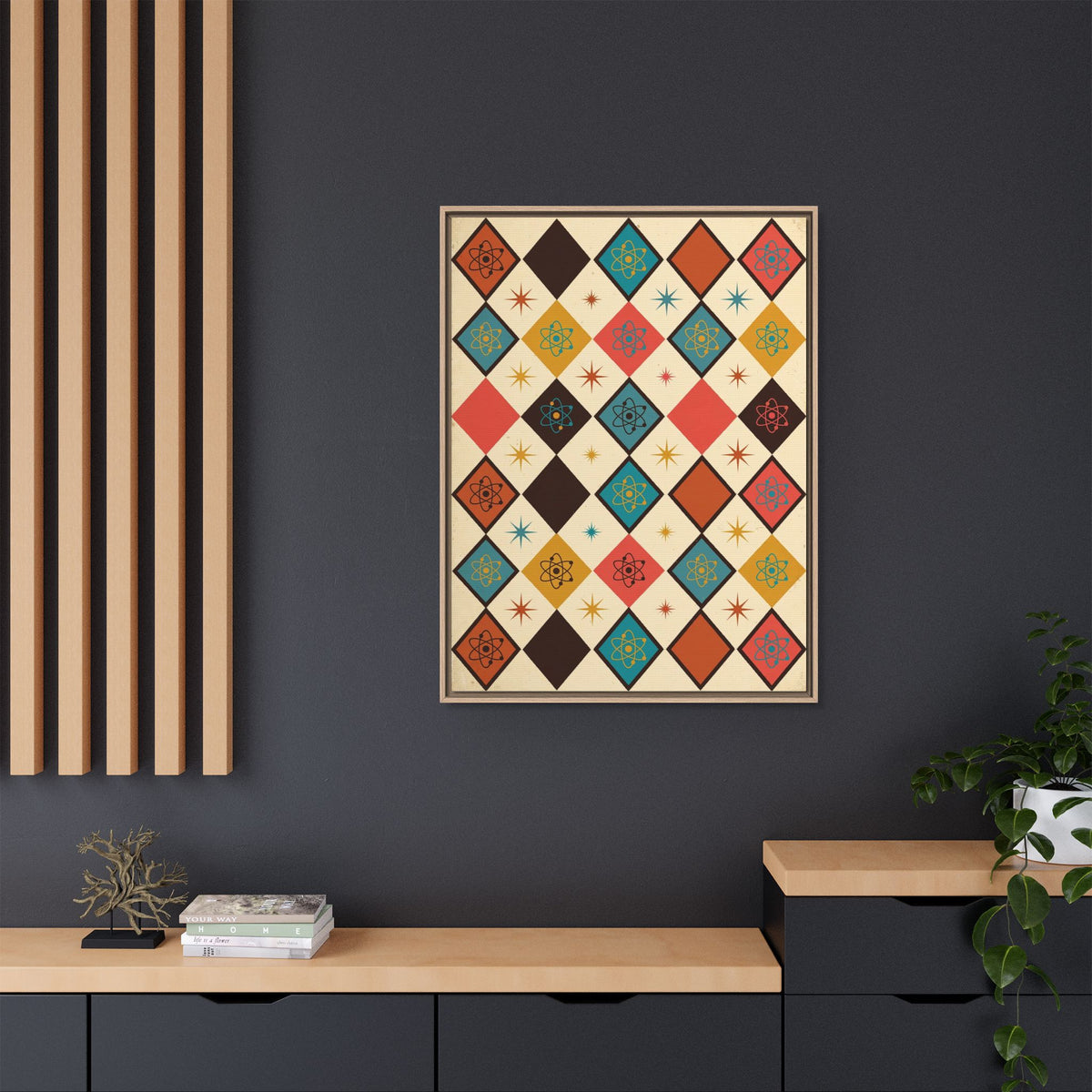 Mid Century Modern Atomic Diamonds Framed Canvas Wall Art, Retro Pattern Print, 1950s Abstract Decor