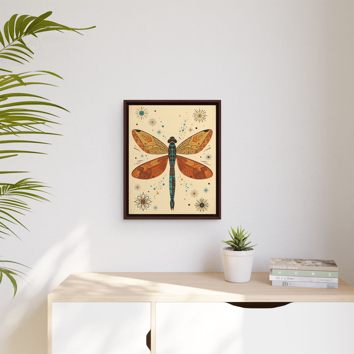 Mid Century Modern Dragonfly Framed Canvas Wall Art, Retro Dragonfly Print, 1950s Nature Decor