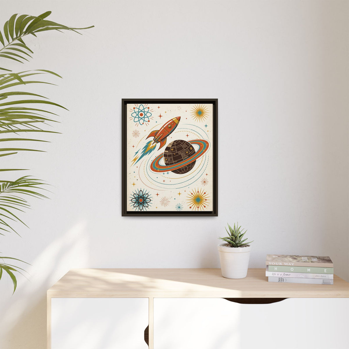 Mid Century Modern Rocket Framed Canvas Wall Art, Retro Space Age Print, 1950s Atomic Kids Room Decor