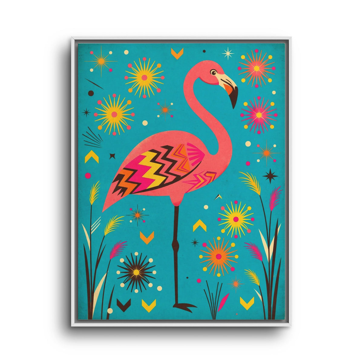 Mid Century Modern Flamingo Framed Canvas Wall Art, Retro Flamingo Print, 1950s Tropical Decor