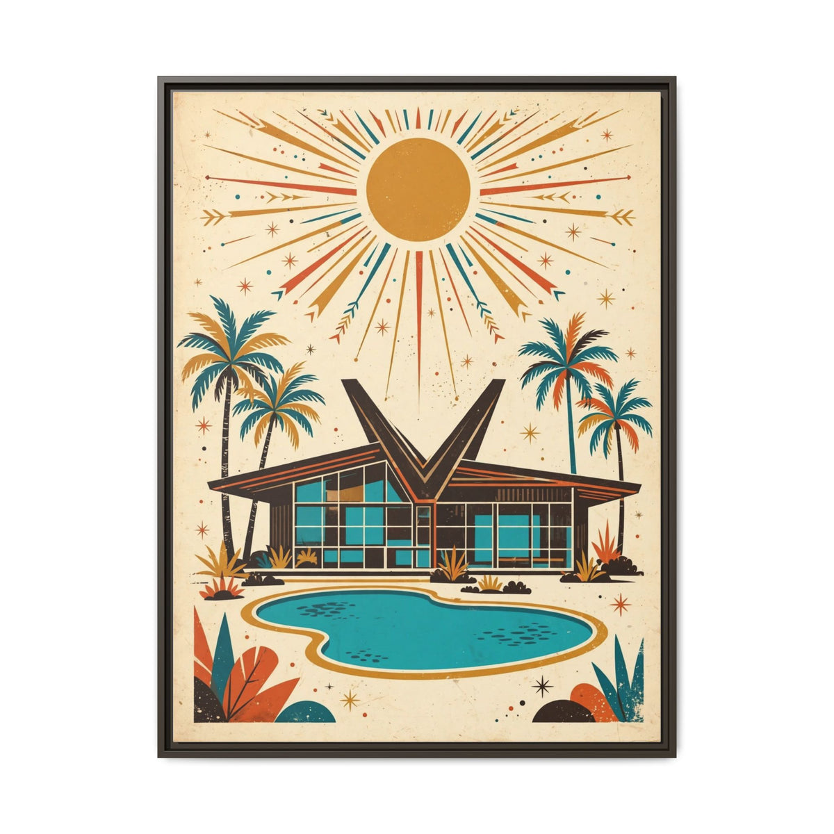 Mid Century Modern House Framed Canvas Wall Art, Butterfly Roof Print, Retro Palm Springs Pool Decor