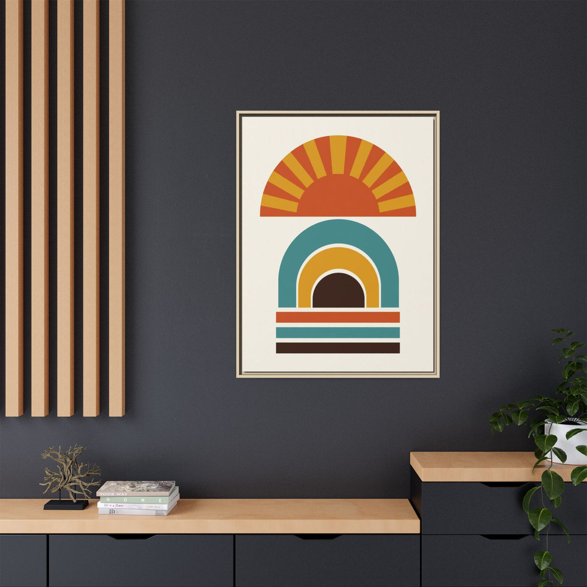 Mid Century Modern Geometric Sun Framed Canvas Wall Art, Retro Arch Print, Burnt Orange Teal Bedroom Decor