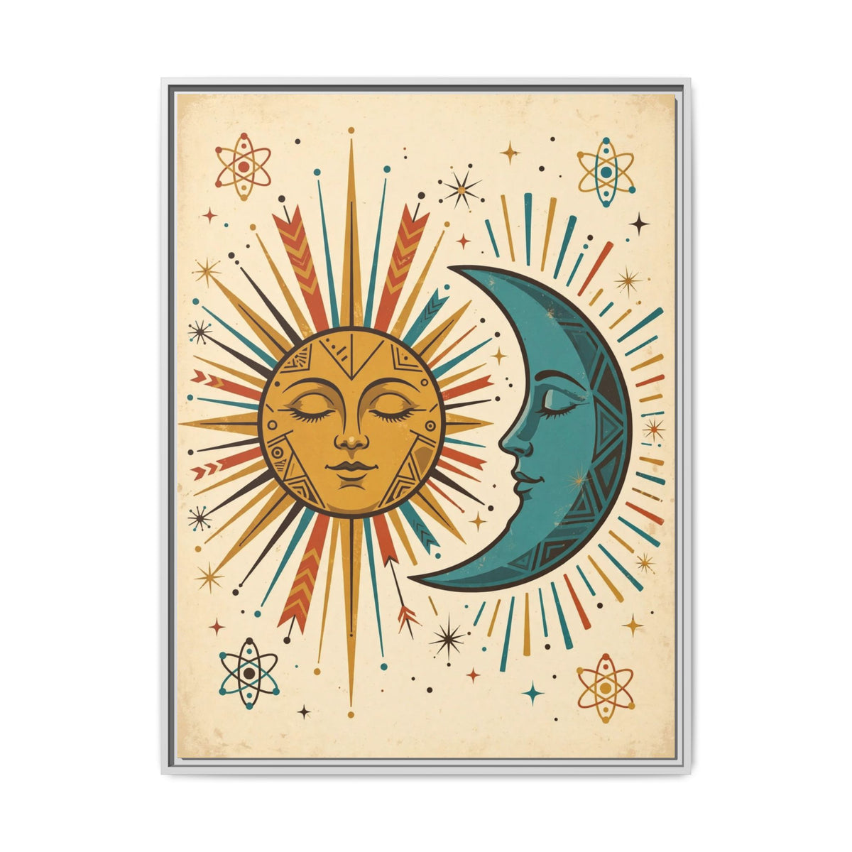 Mid Century Modern Sun and Moon Framed Canvas Wall Art, Retro Celestial Print, 1950s Gold Teal Decor