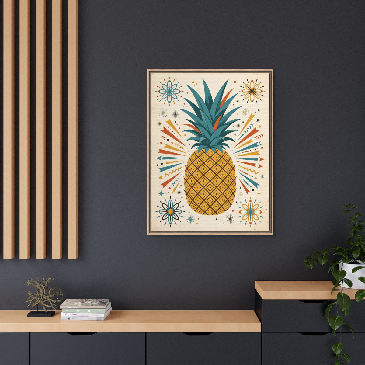 Mid Century Modern Pineapple Framed Canvas Wall Art, Retro Pineapple Print, 1950s Kitchen Decor