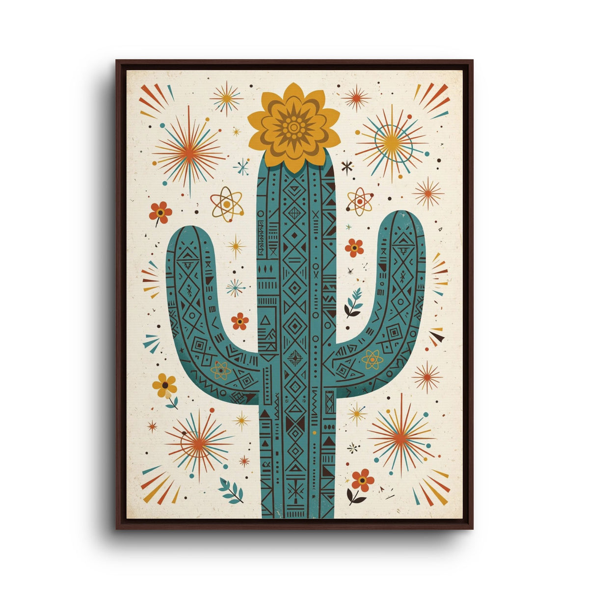 Mid Century Modern Cactus Framed Canvas Wall Art, Retro Saguaro Print, 1950s Desert Decor