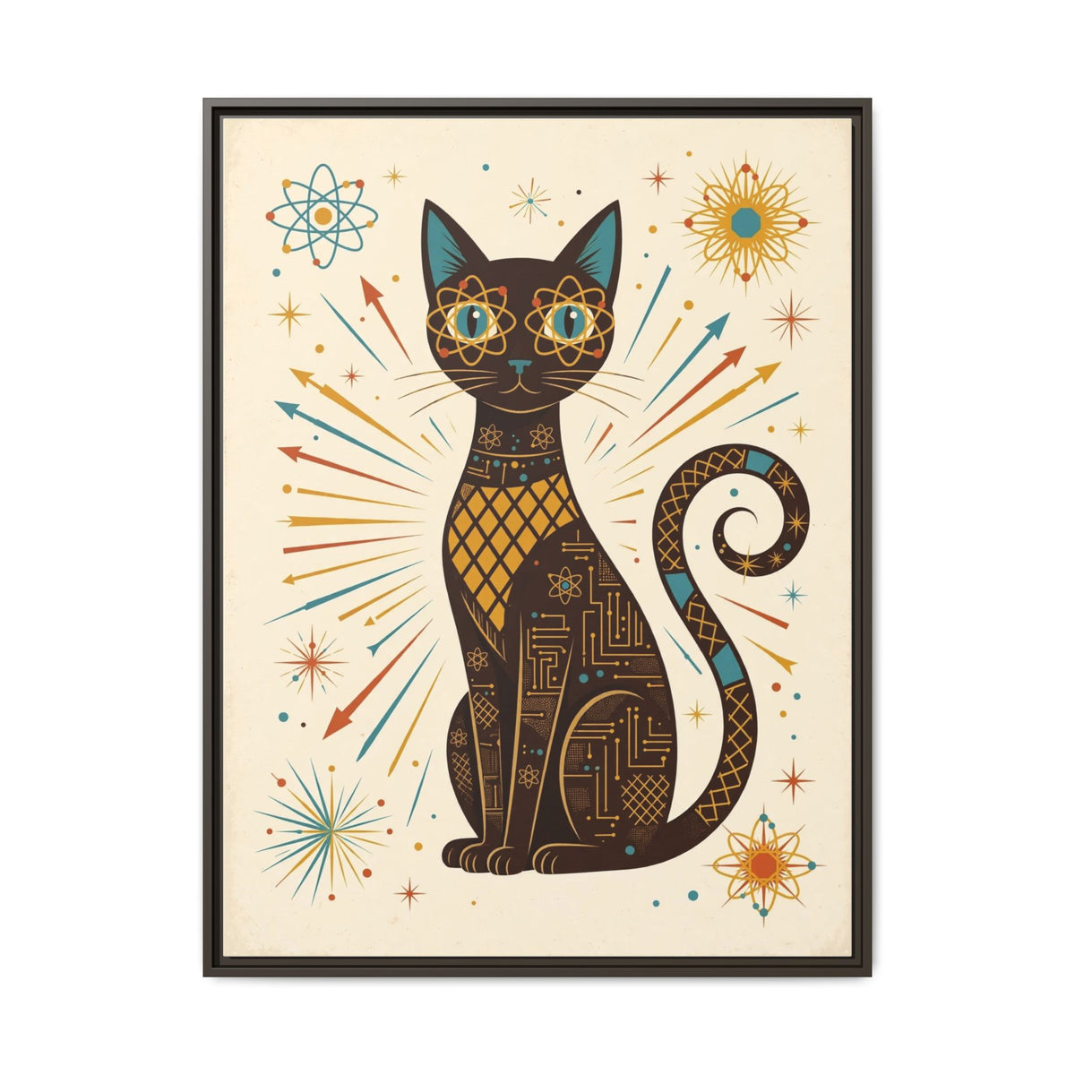 Mid Century Modern Cat Framed Canvas Wall Art, Atomic Cat Print, Retro 1950s Teal Orange Decor