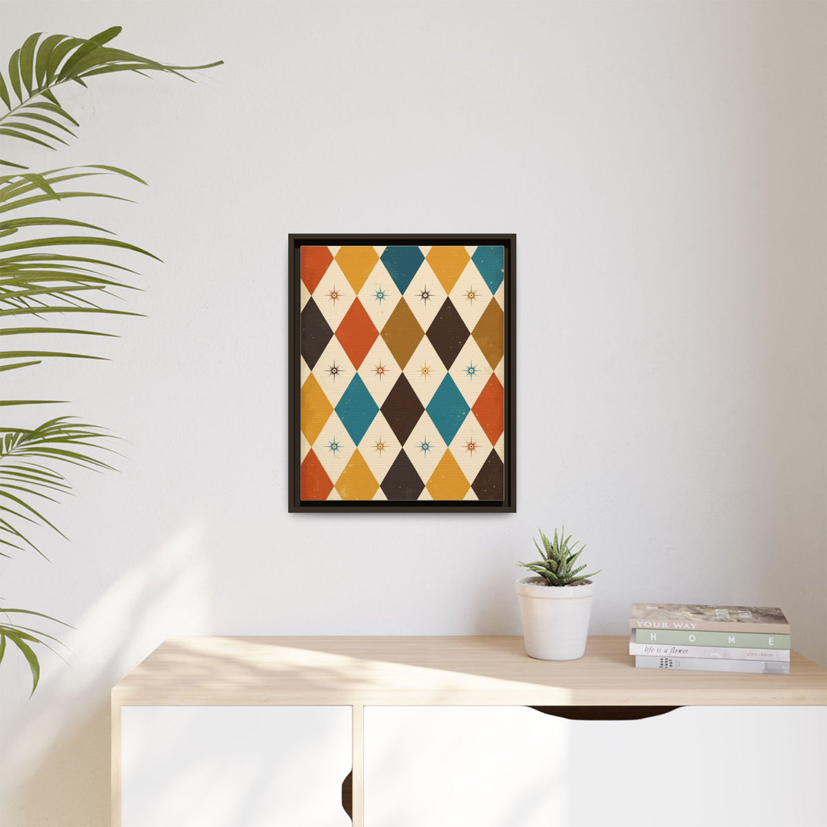 Mid Century Modern Harlequin Framed Canvas Wall Art, Diamond Pattern Print, Retro 1950s Starburst Decor