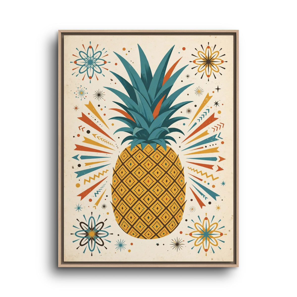 Mid Century Modern Pineapple Framed Canvas Wall Art, Retro Pineapple Print, 1950s Kitchen Decor