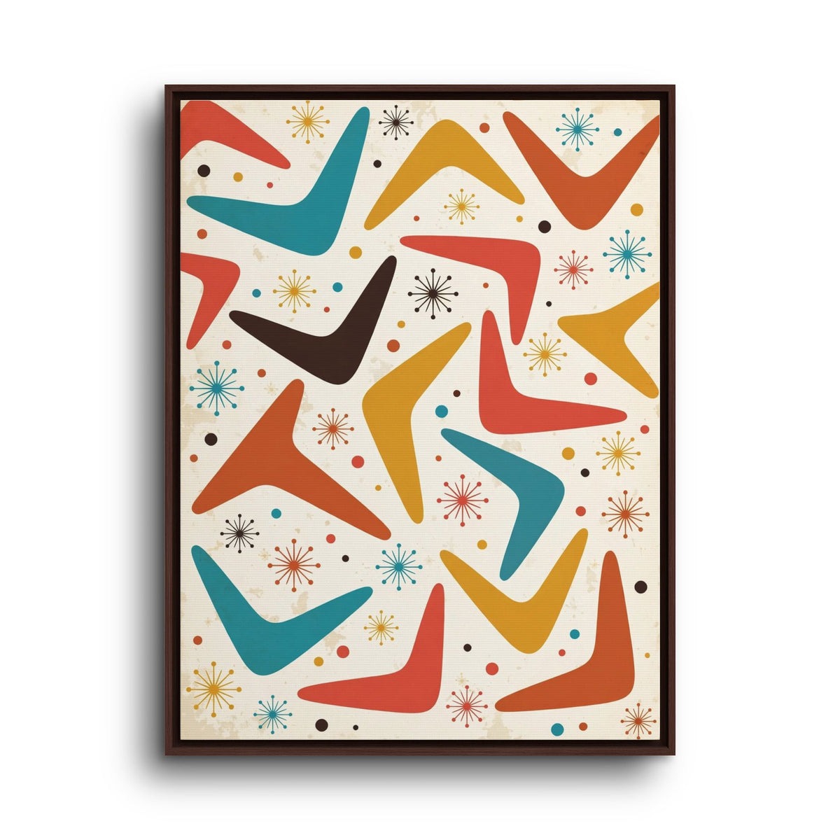 Mid Century Modern Boomerang Pattern Framed Canvas Wall Art, Retro 1950s Abstract Decor