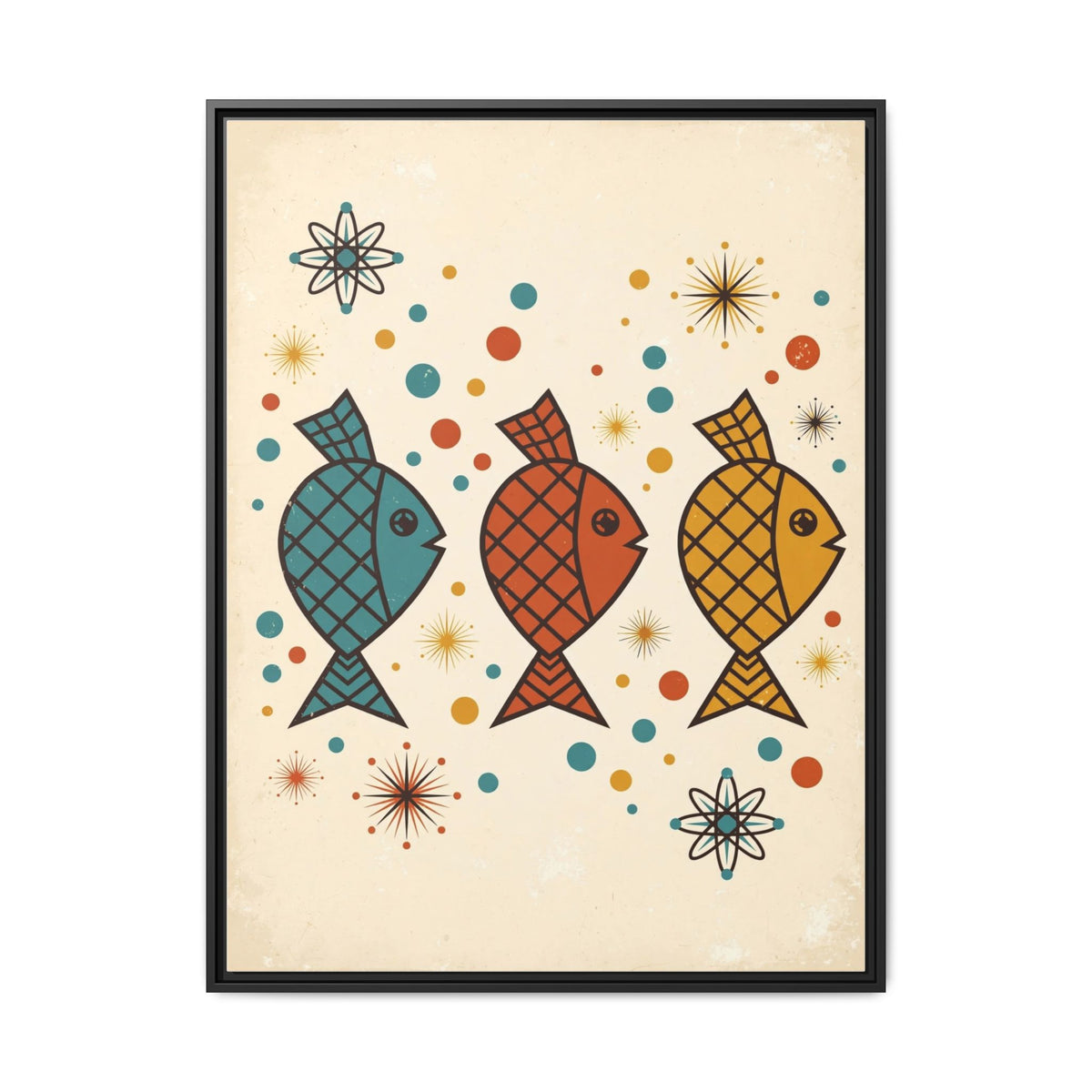 Mid Century Modern Fish Framed Canvas Wall Art, Retro Atomic Fish Print, 1950s Bathroom Ocean Decor