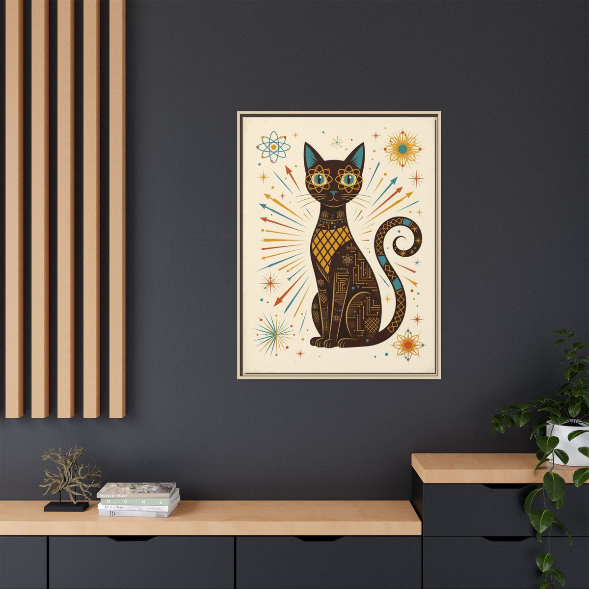 Mid Century Modern Cat Framed Canvas Wall Art, Atomic Cat Print, Retro 1950s Teal Orange Decor