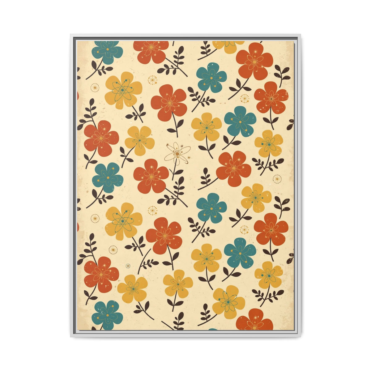 Mid Century Modern Floral Framed Canvas Wall Art, Retro Flower Pattern Print, 1950s Orange Teal Decor