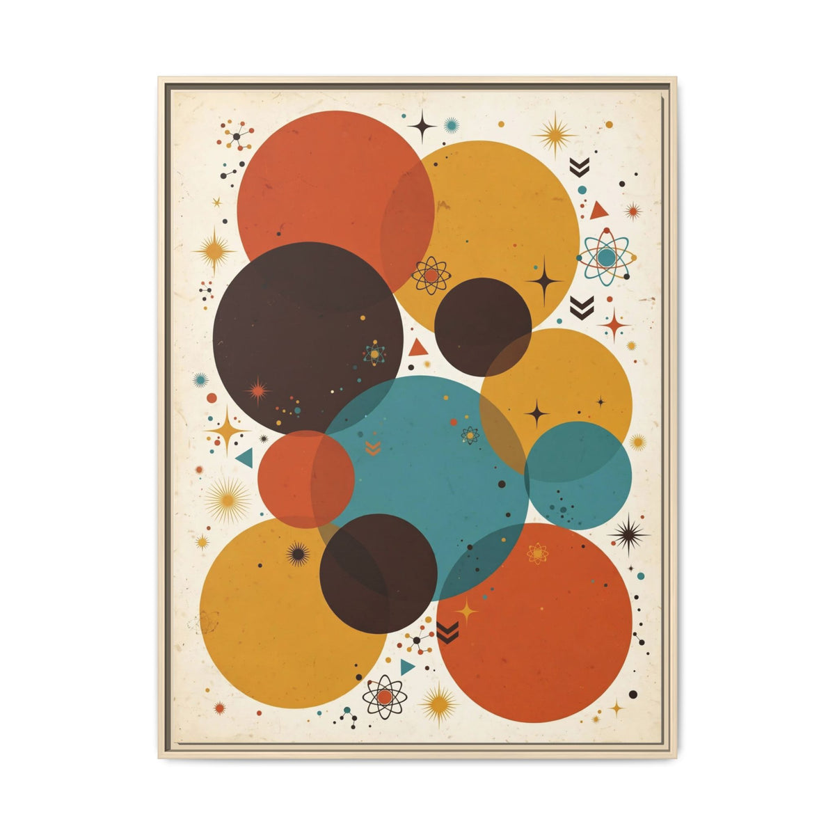 Mid Century Modern Circles Framed Canvas Wall Art, Abstract Geometric Print, Retro Burnt Orange Teal Decor