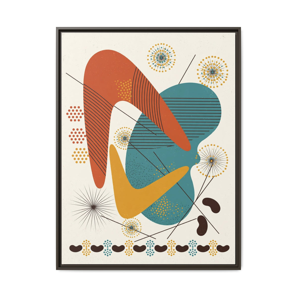 Mid Century Modern Boomerang Framed Canvas Wall Art, Abstract Retro Print, 1950s Teal Burnt Orange Decor