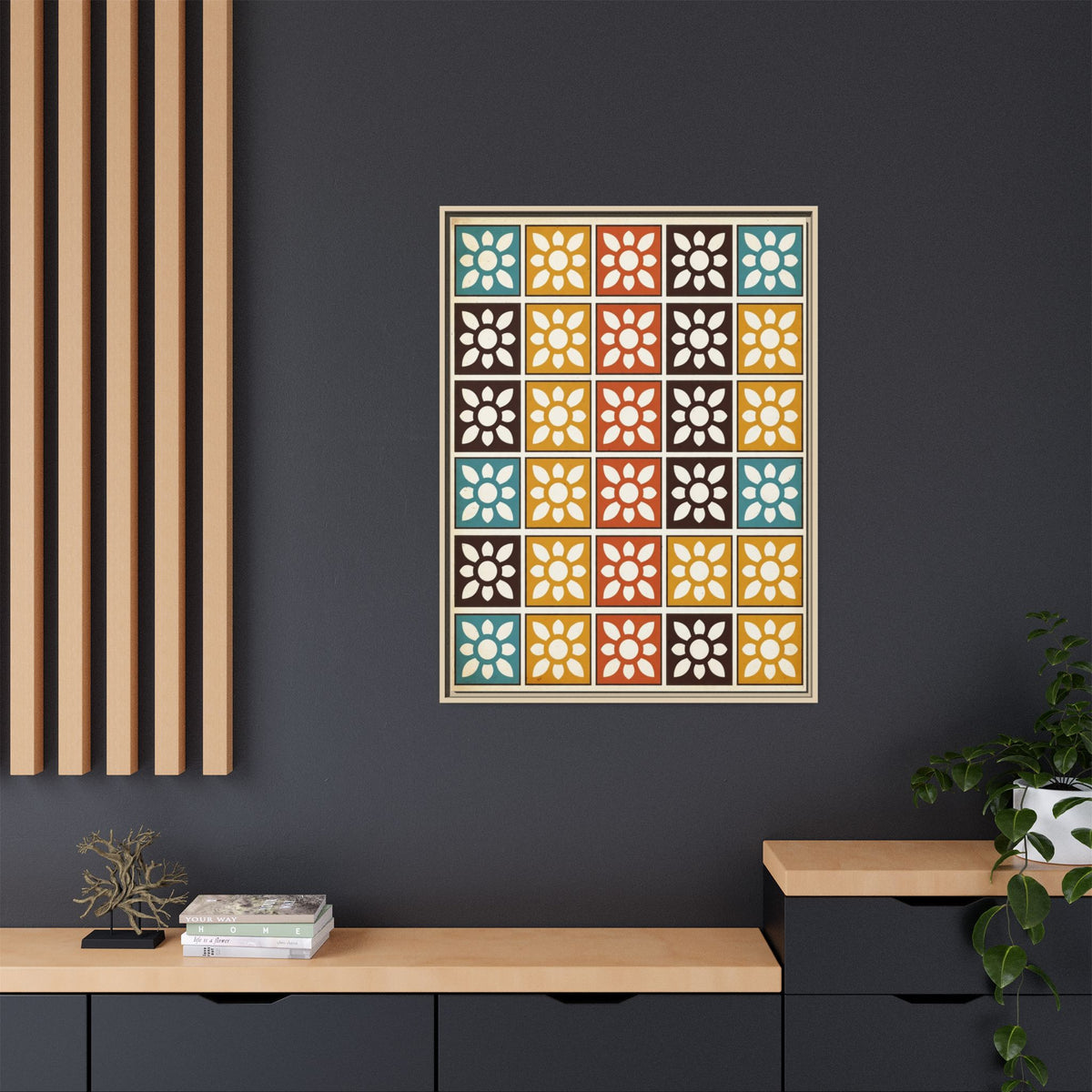 Mid Century Modern Breeze Block Framed Canvas Wall Art, Retro Screen Block Pattern Print, Palm Springs Decor