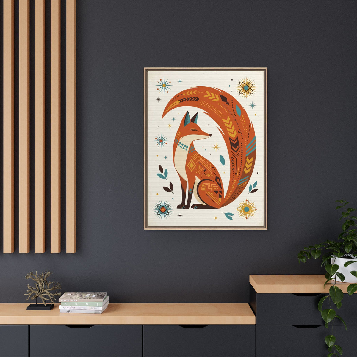 Mid Century Modern Fox Framed Canvas Wall Art, Retro Fox Print, 1950s Woodland Animal Decor