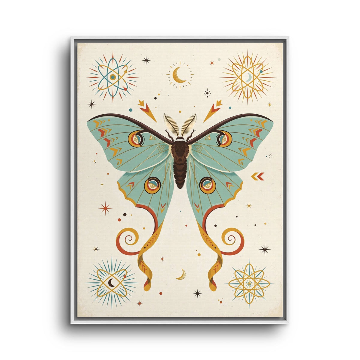 Mid Century Modern Luna Moth Framed Canvas Wall Art, Retro Moth Print, 1950s Night Nature Decor
