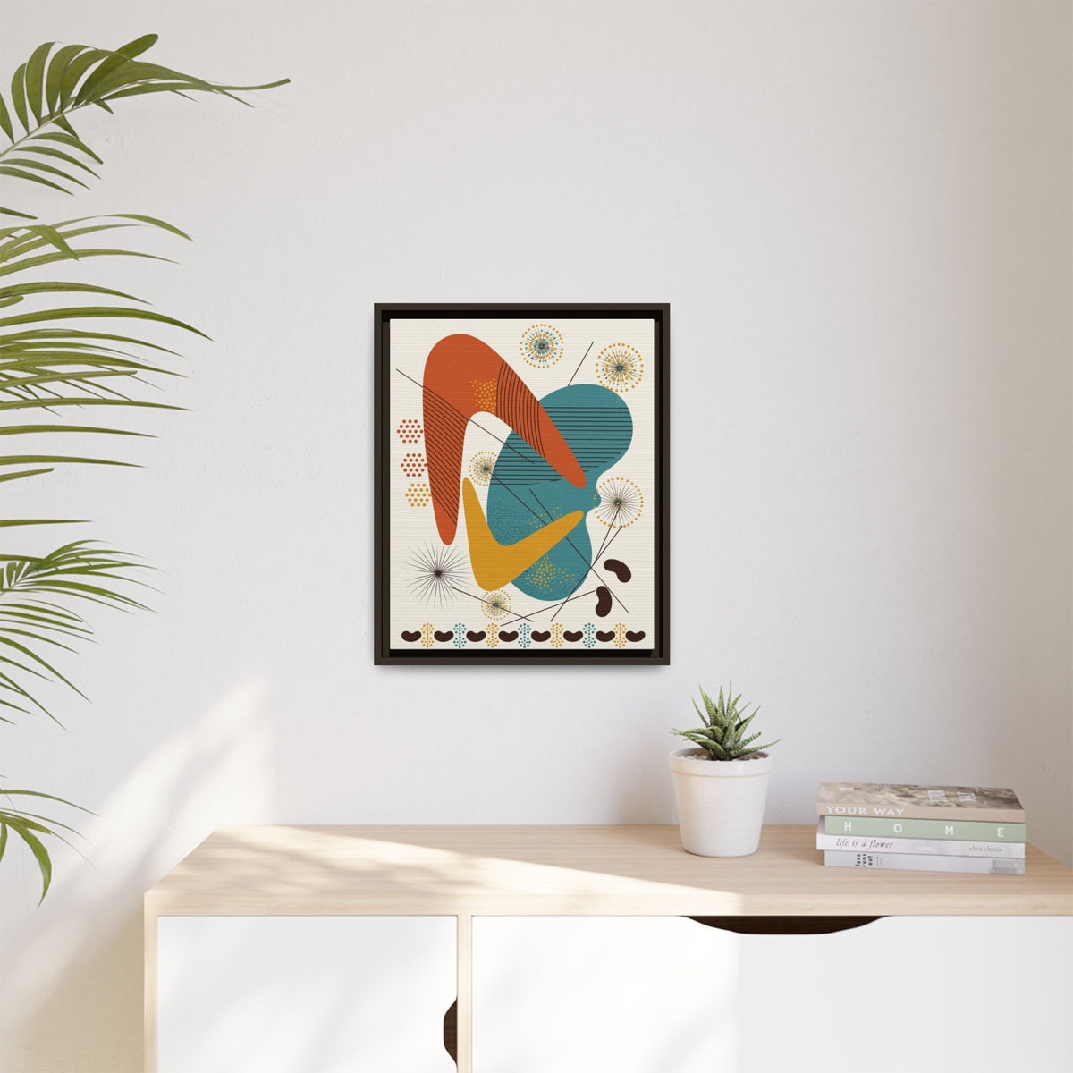 Mid Century Modern Boomerang Framed Canvas Wall Art, Abstract Retro Print, 1950s Teal Burnt Orange Decor