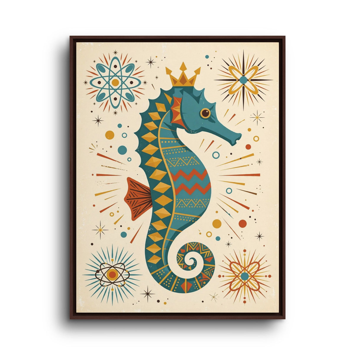 Mid Century Modern Seahorse Framed Canvas Wall Art, Retro Seahorse Print, 1950s Bathroom Ocean Decor