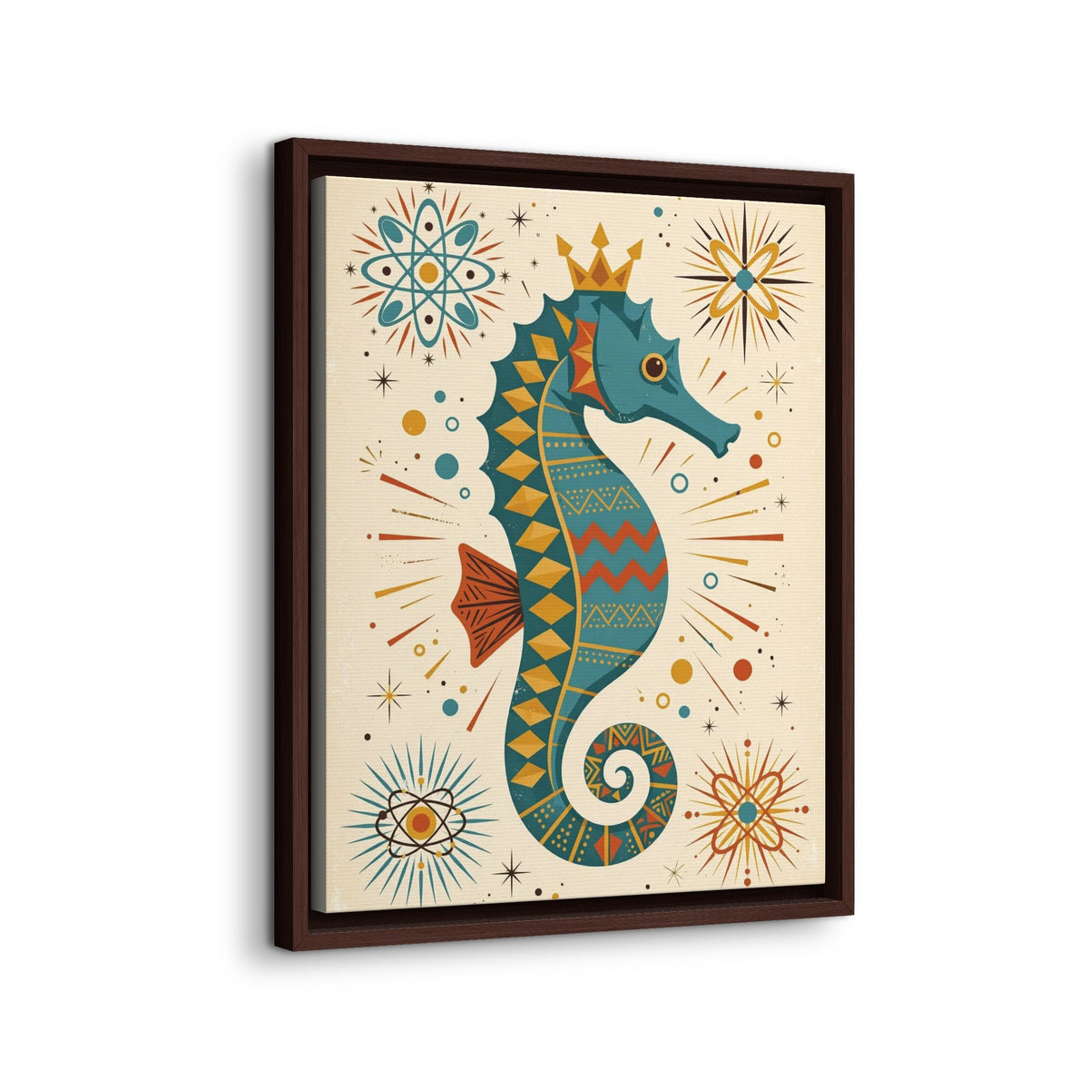 Mid Century Modern Seahorse Framed Canvas Wall Art, Retro Seahorse Print, 1950s Bathroom Ocean Decor