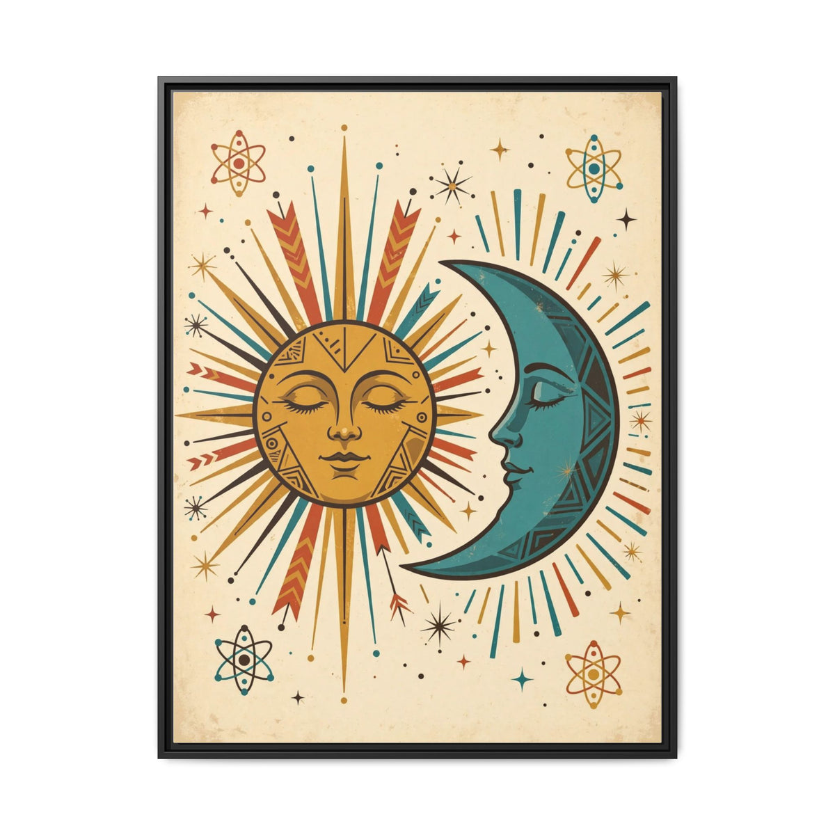 Mid Century Modern Sun and Moon Framed Canvas Wall Art, Retro Celestial Print, 1950s Gold Teal Decor
