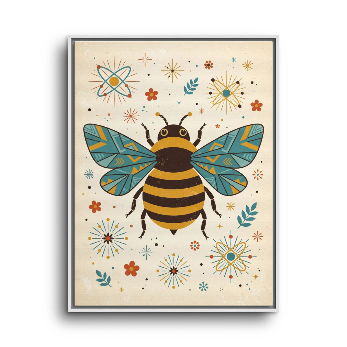 Mid Century Modern Bee Framed Canvas Wall Art, Retro Bumblebee Print, 1950s Garden Nature Decor