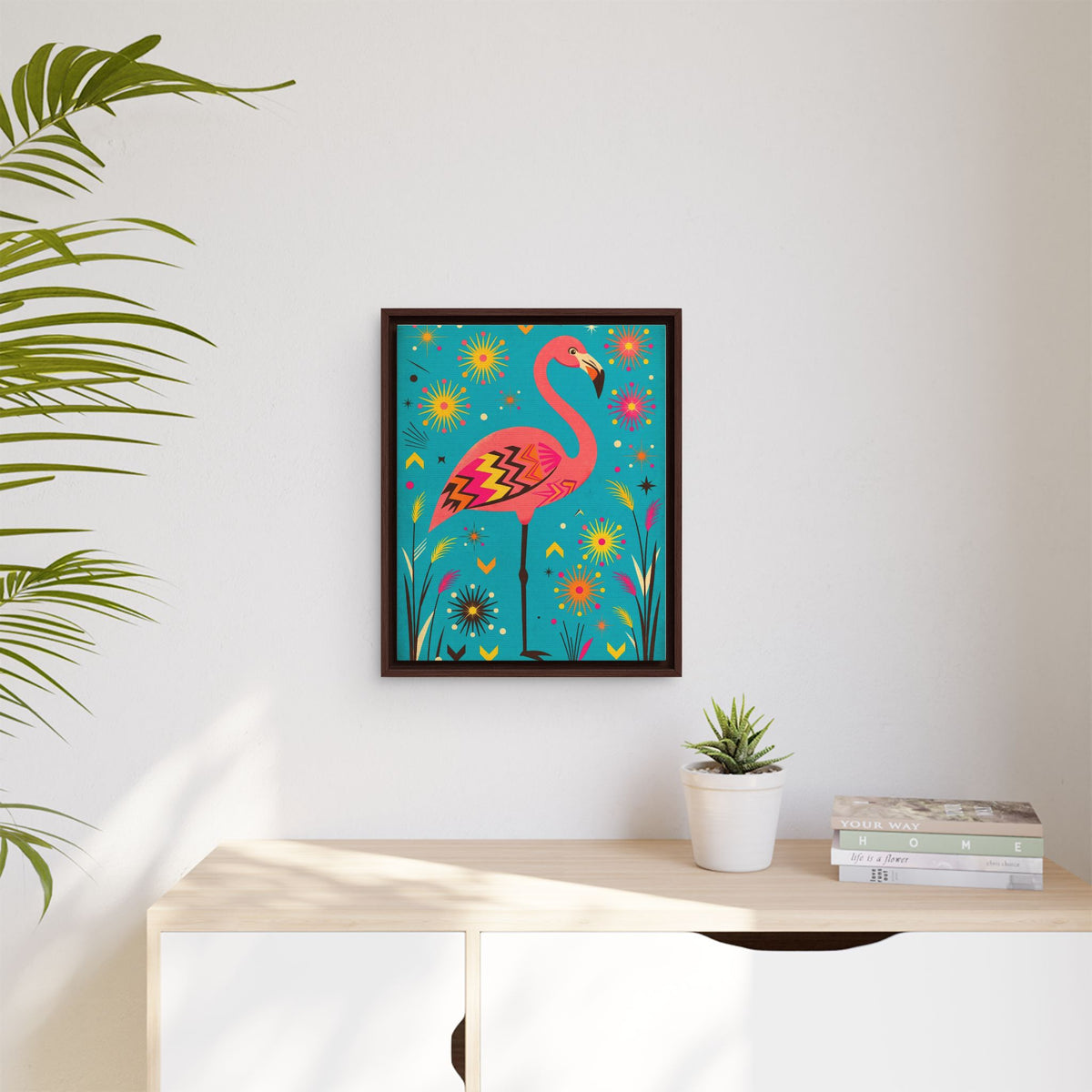 Mid Century Modern Flamingo Framed Canvas Wall Art, Retro Flamingo Print, 1950s Tropical Decor