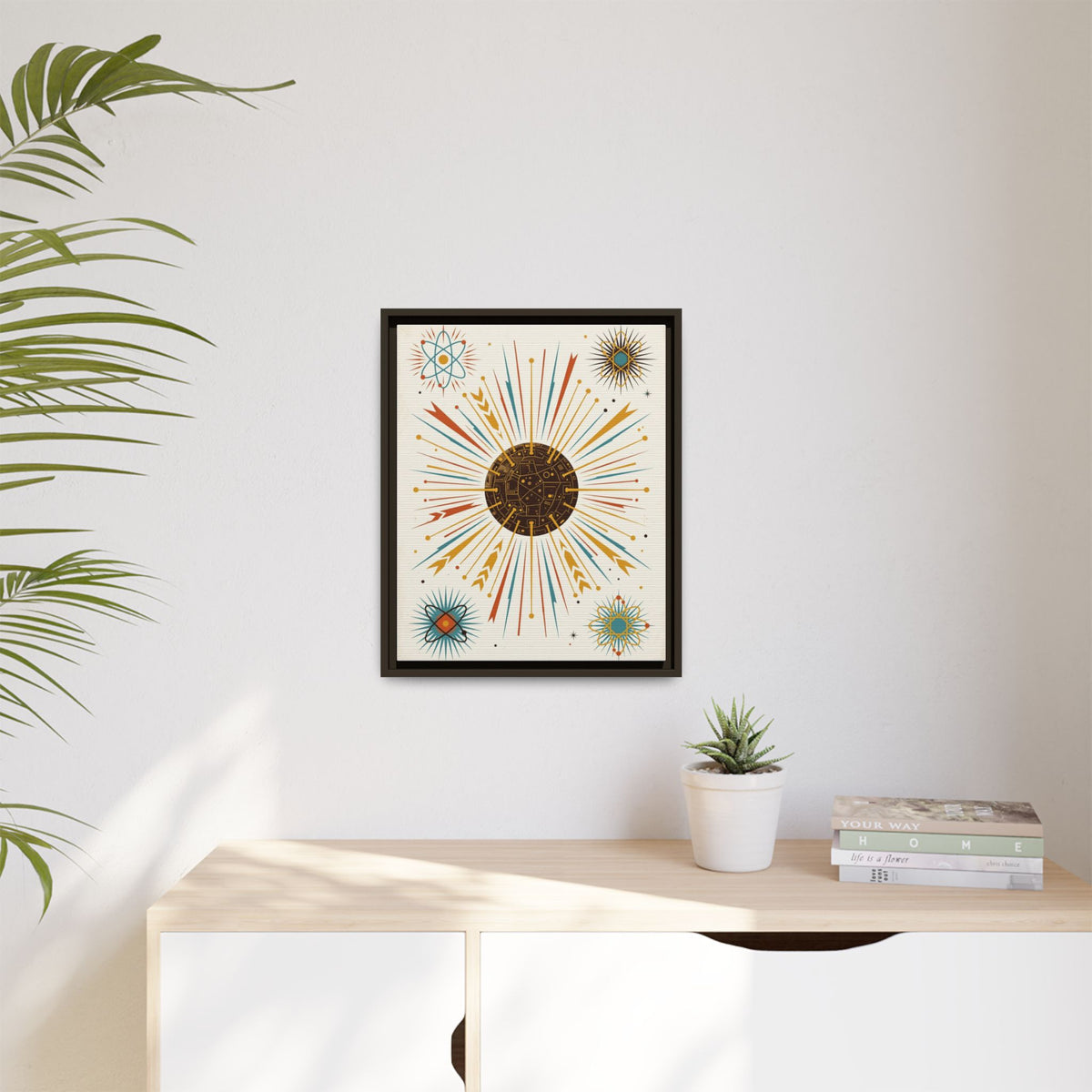 Mid Century Modern Atomic Starburst Framed Canvas Wall Art, Sputnik Print, Retro 1950s Living Room Decor