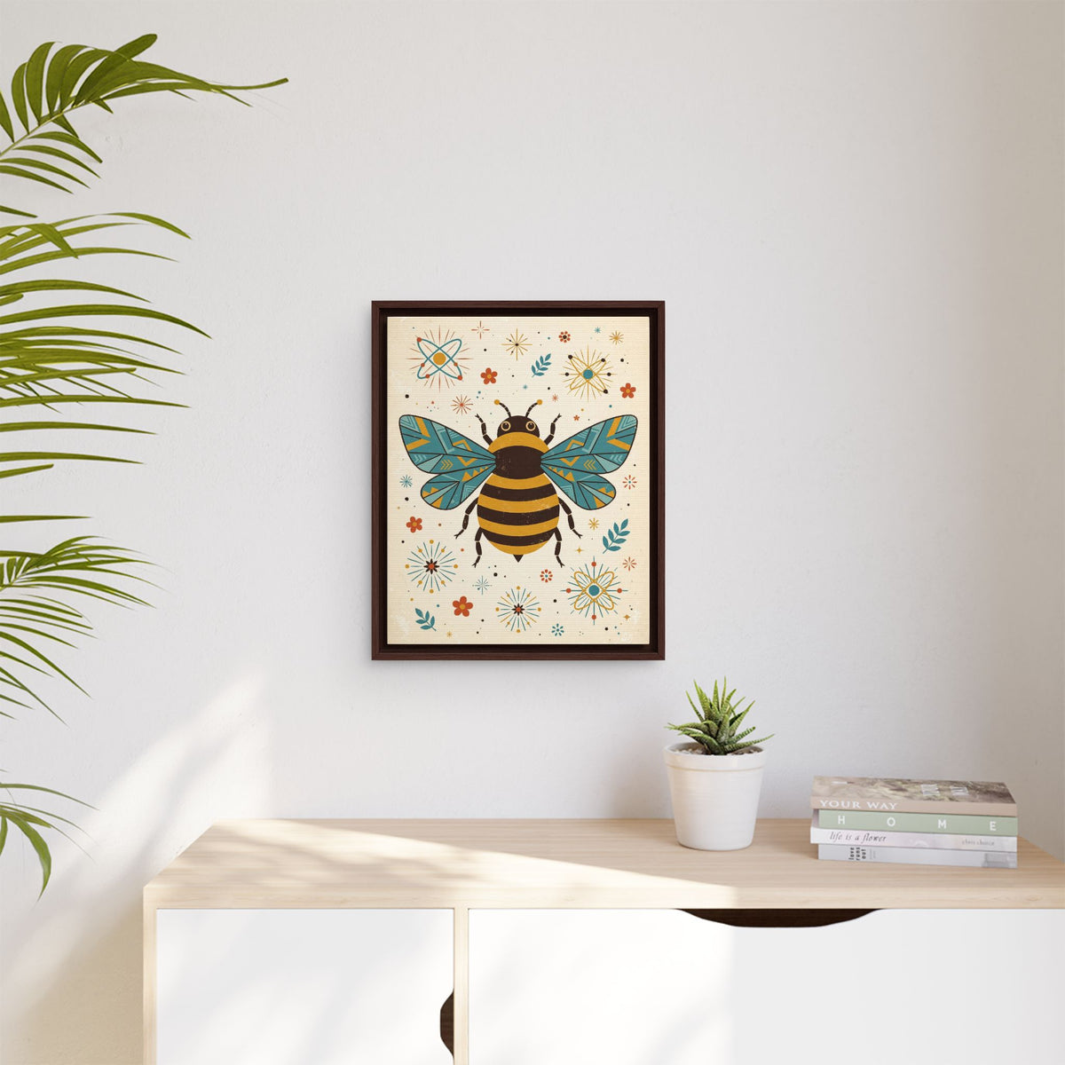 Mid Century Modern Bee Framed Canvas Wall Art, Retro Bumblebee Print, 1950s Garden Nature Decor