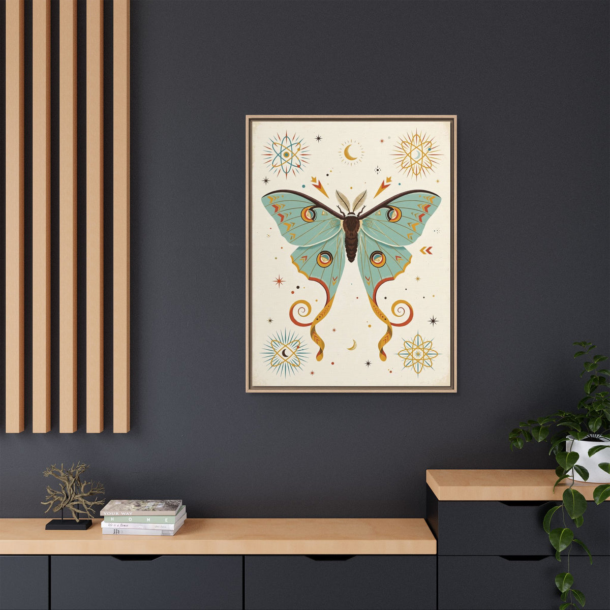 Mid Century Modern Luna Moth Framed Canvas Wall Art, Retro Moth Print, 1950s Night Nature Decor