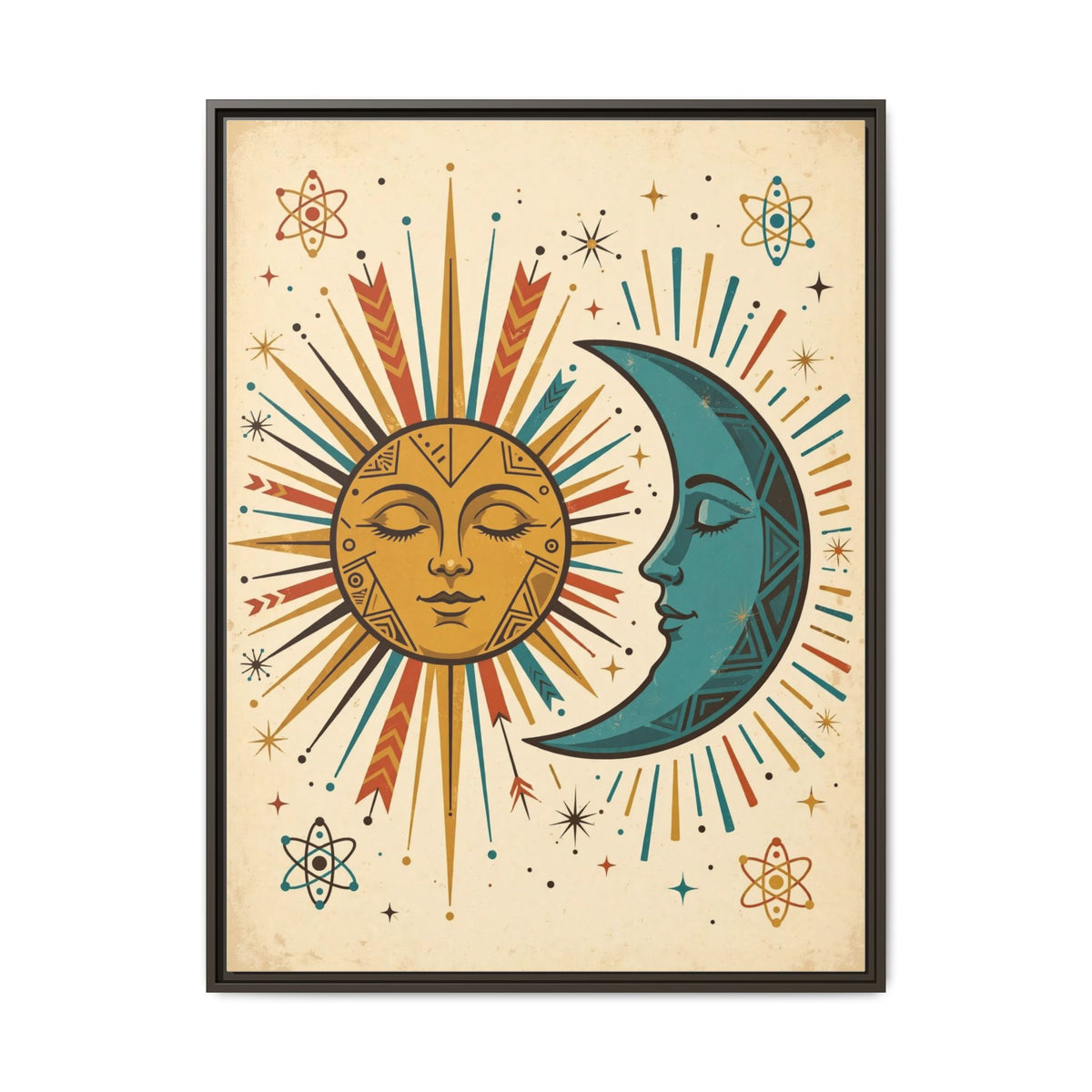 Mid Century Modern Sun and Moon Framed Canvas Wall Art, Retro Celestial Print, 1950s Gold Teal Decor