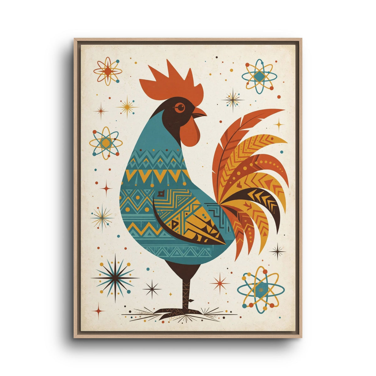 Mid Century Modern Rooster Framed Canvas Wall Art, Retro Rooster Print, 1950s Kitchen Farmhouse Decor