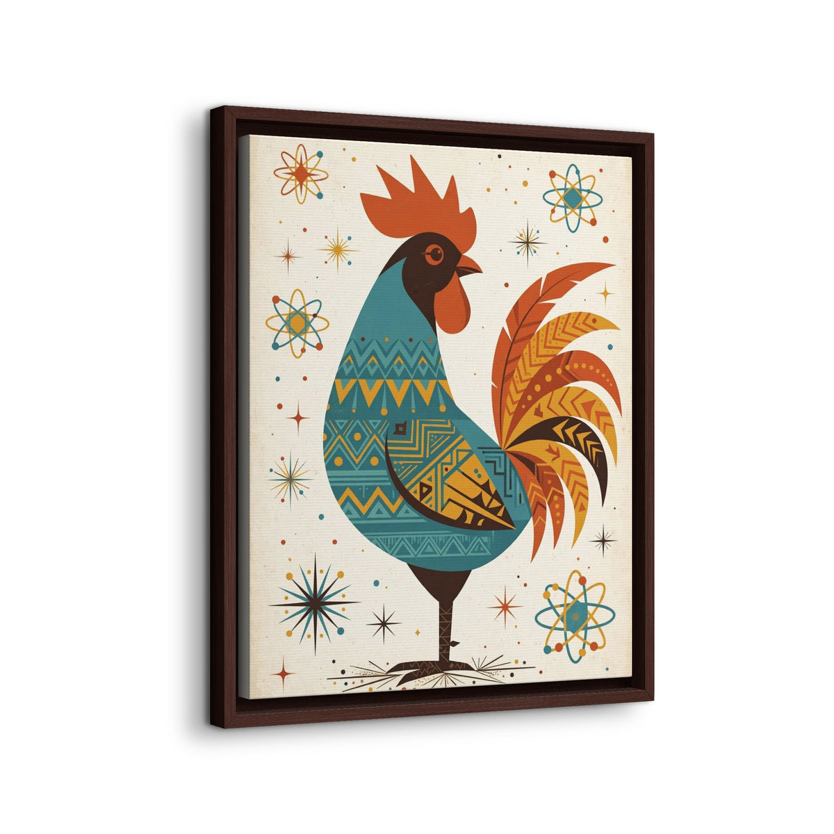 Mid Century Modern Rooster Framed Canvas Wall Art, Retro Rooster Print, 1950s Kitchen Farmhouse Decor