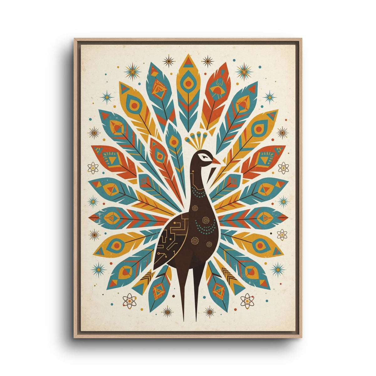 Mid Century Modern Peacock Framed Canvas Wall Art, Retro Peacock Print, 1950s Teal Gold Decor