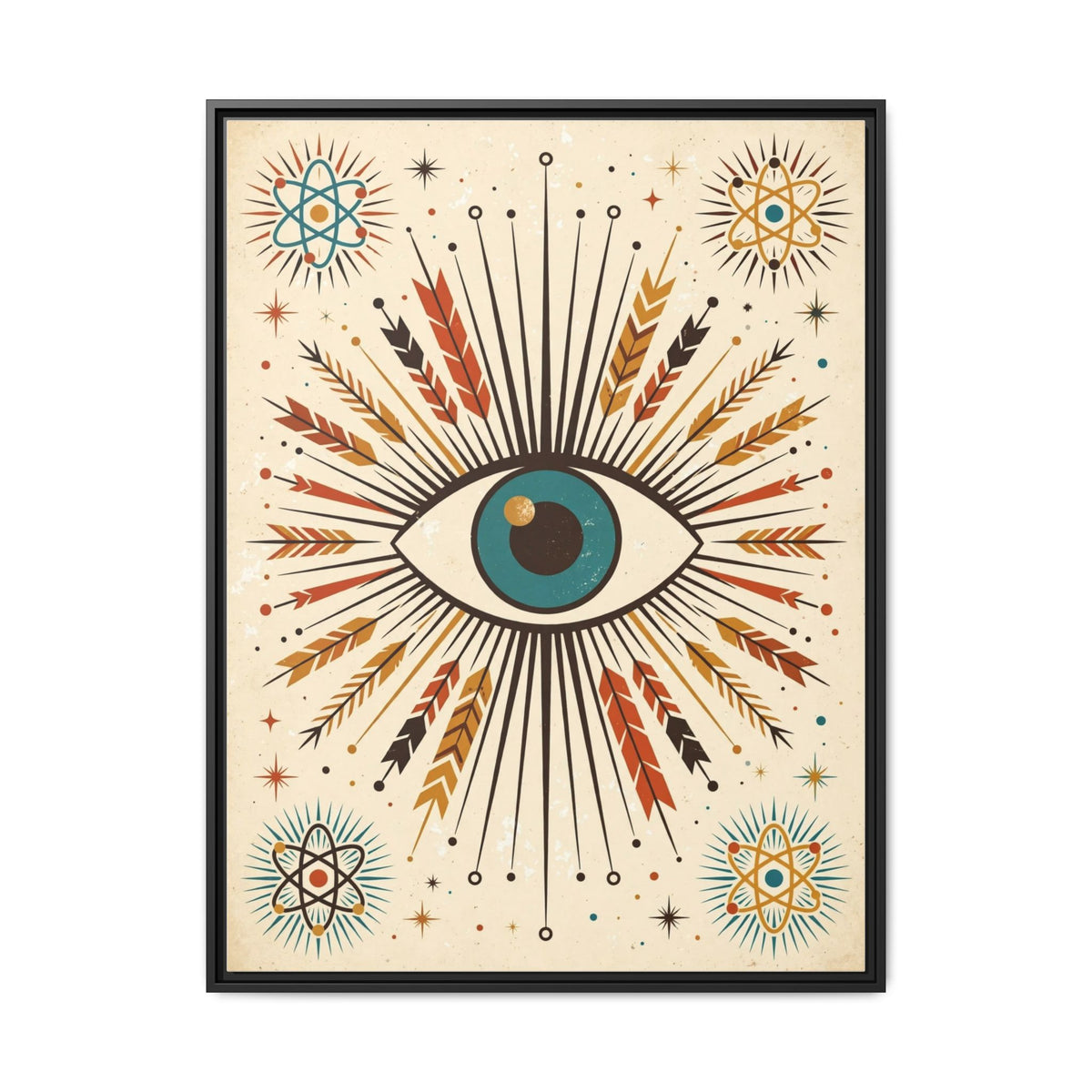 Mid Century Modern Eyeball Framed Canvas Wall Art, Atomic Eye Print, Retro 1950s Starburst Decor