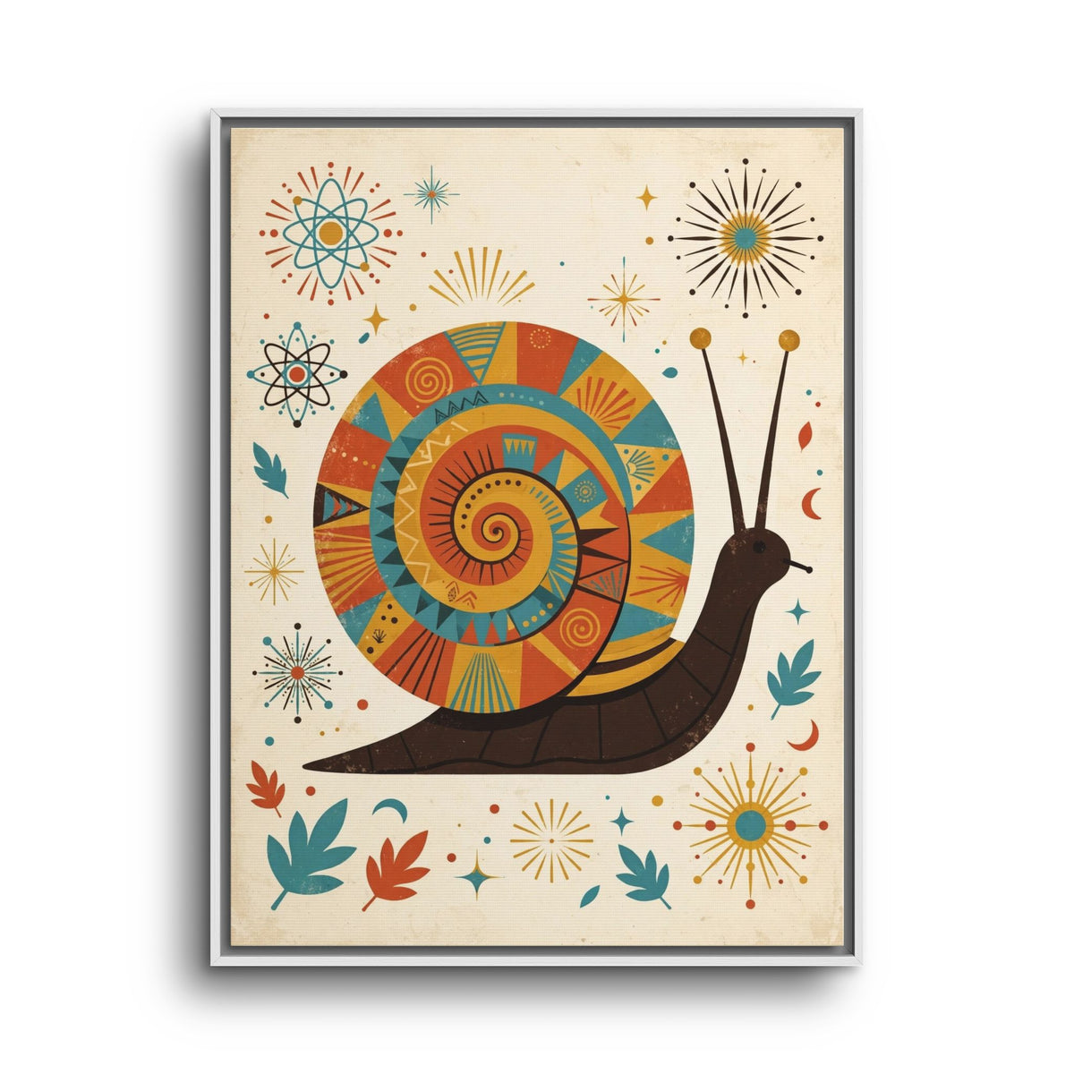 Mid Century Modern Snail Framed Canvas Wall Art, Retro Snail Print, 1950s Garden Decor